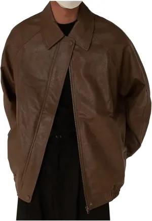 Faux Leather Jacket Men Vintage Distressed PU Motorcycle Coat Button Down Lapel Racer Biker Bomber Jacket