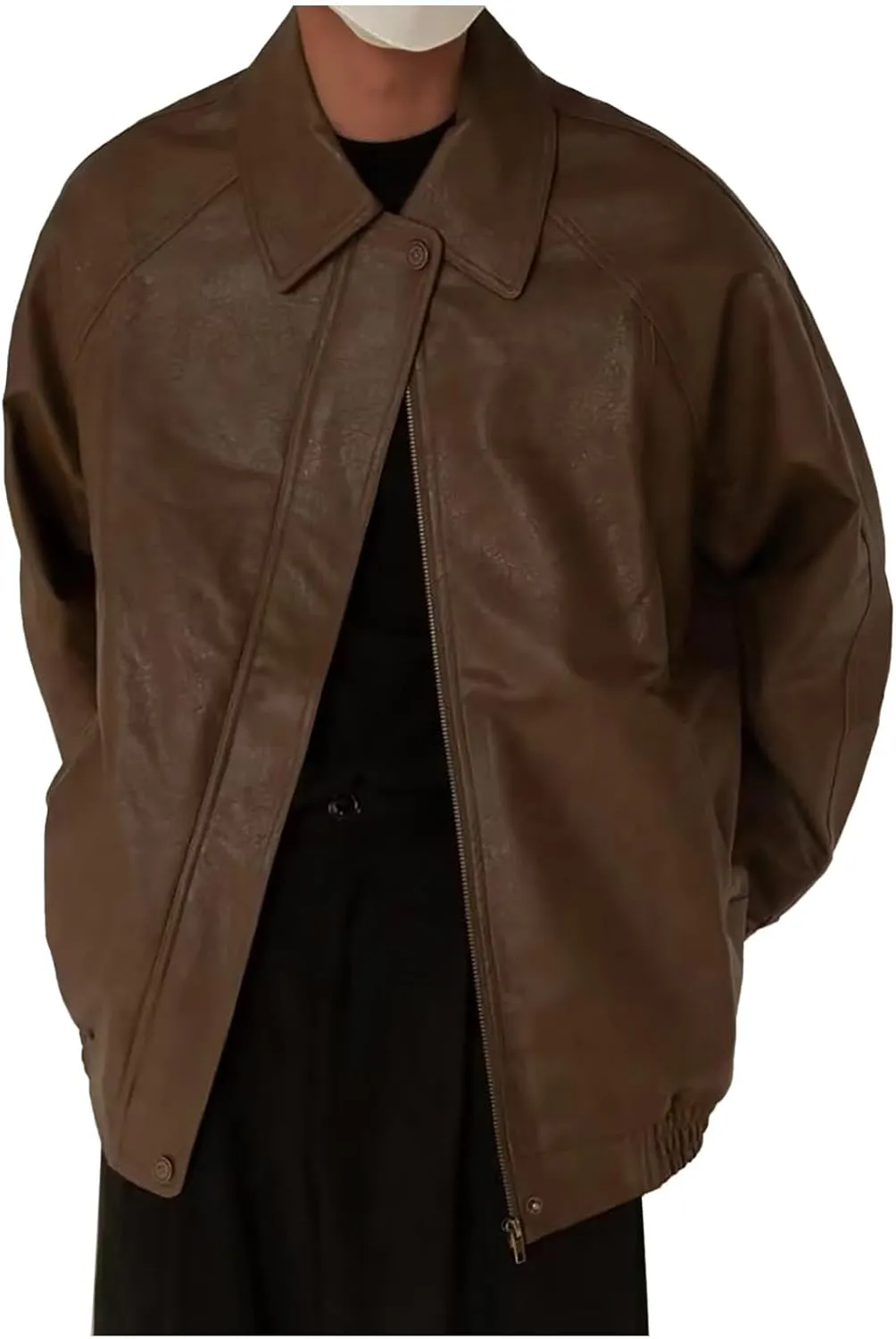 Faux Leather Jacket Men Vintage Distressed PU Motorcycle Coat Button Down Lapel Racer Biker Bomber Jacket