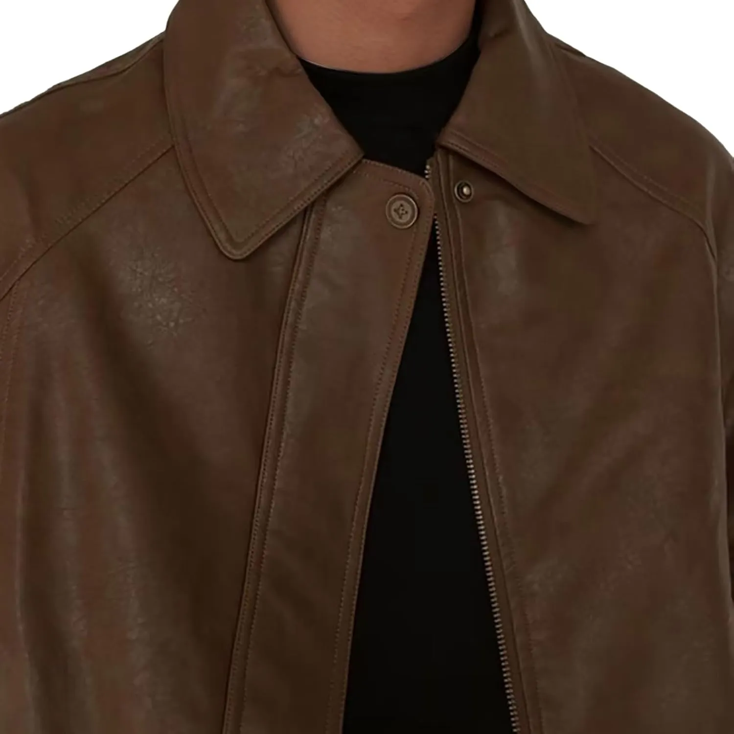 Faux Leather Jacket Men Vintage Distressed PU Motorcycle Coat Button Down Lapel Racer Biker Bomber Jacket