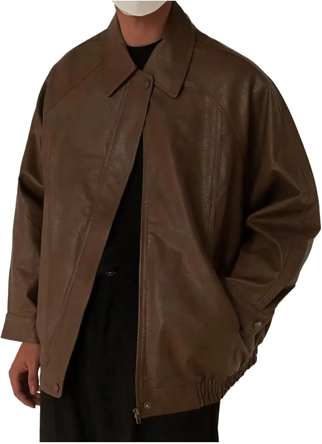 Faux Leather Jacket Men Vintage Distressed PU Motorcycle Coat Button Down Lapel Racer Biker Bomber Jacket