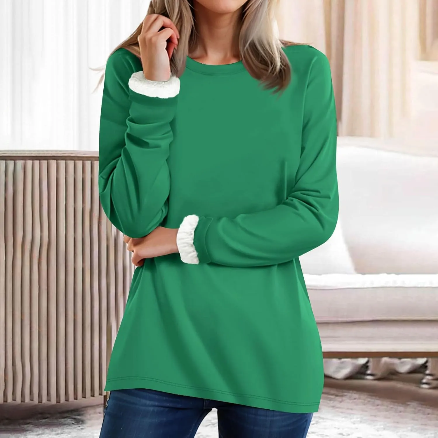 Fleece Sweatshirts for Women Sherpa Lined Casual Loose Colorblock Tee Pullover Solid Color Thermal Cute Loungewear