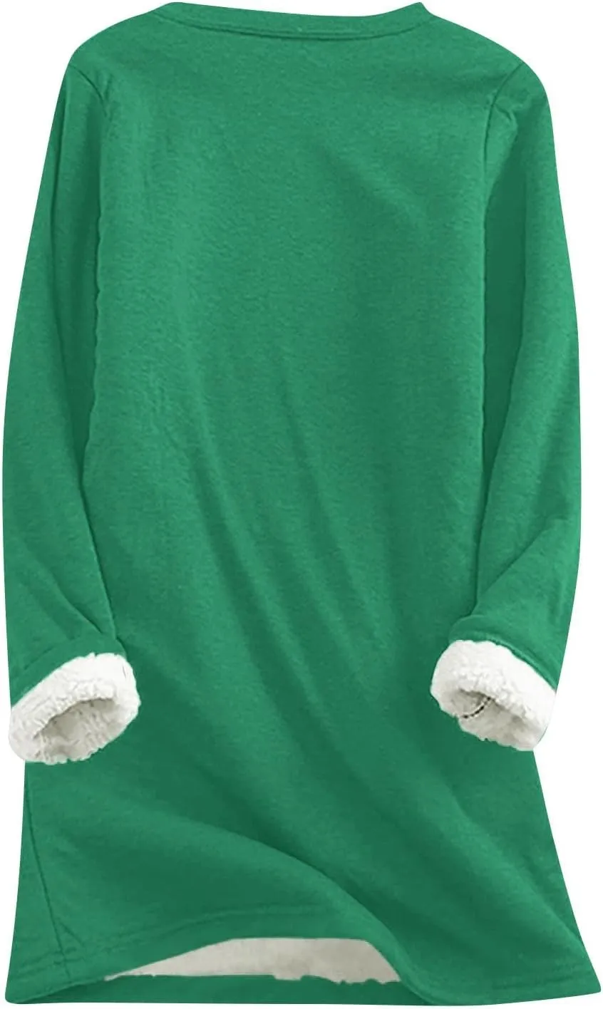 Fleece Sweatshirts for Women Sherpa Lined Casual Loose Colorblock Tee Pullover Solid Color Thermal Cute Loungewear