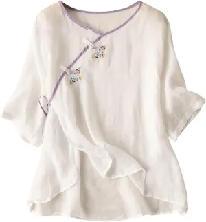Floral Cotton Linen Retro Chinese Frog Button Blouses for Women Qipao Shirts 3/4 Sleeve Side Slit Jacquard Tops
