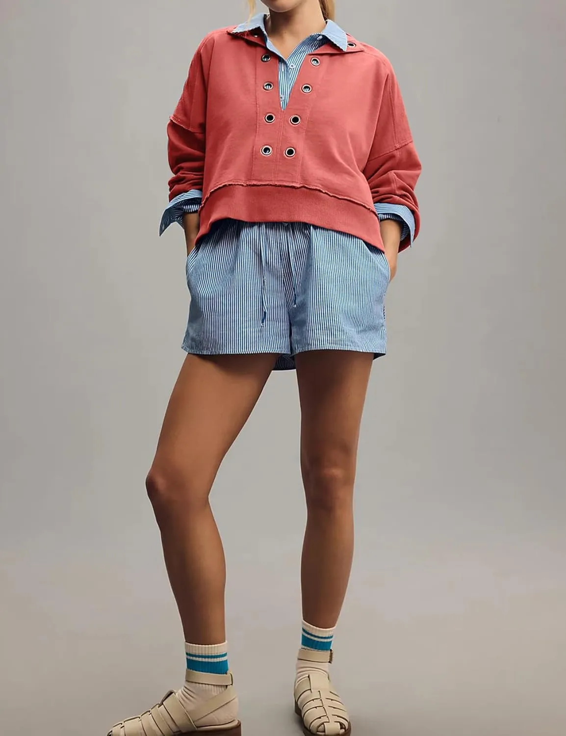 Flygo Sweatshirt for Women Pieced Popover Henley Top Cropped Lapel V Neck Pullover Oversized Sweatshirts 2025 Trendy