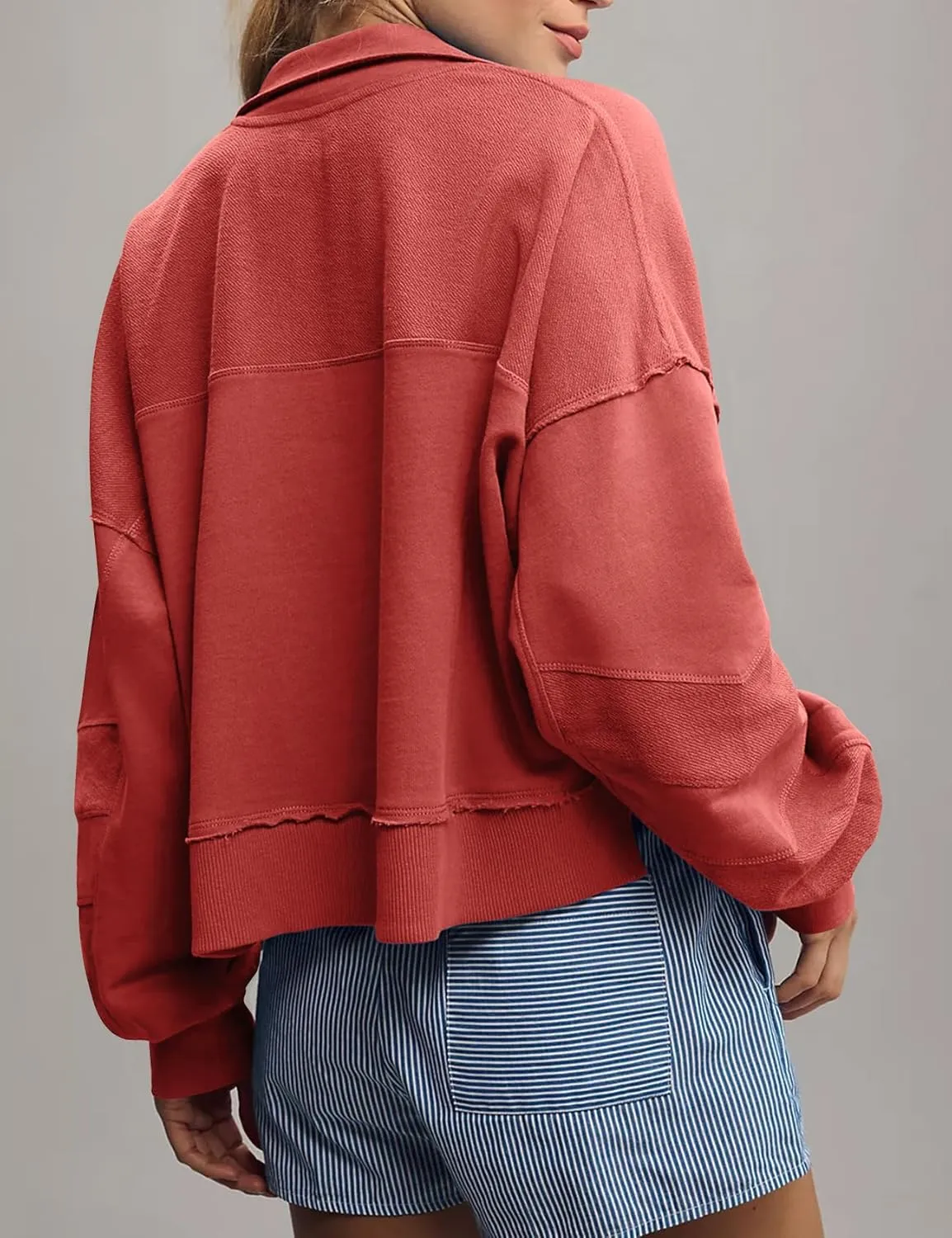 Flygo Sweatshirt for Women Pieced Popover Henley Top Cropped Lapel V Neck Pullover Oversized Sweatshirts 2025 Trendy