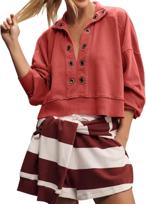 Flygo Sweatshirt for Women Pieced Popover Henley Top Cropped Lapel V Neck Pullover Oversized Sweatshirts 2025 Trendy
