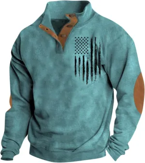 FONMA Sweatshirts for Men Fall Fashion 2024 Patriotic Printed Standing Collor Button Up Shirt Casual Loose Athletic Shirt Top