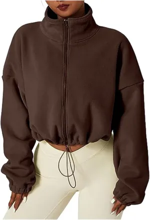 Full Zip Polar Fleece Crop Jacket for Women Warm Long Sleeve Stand Collar Sherpa Short Coat Pullover Sweatshirt Tops