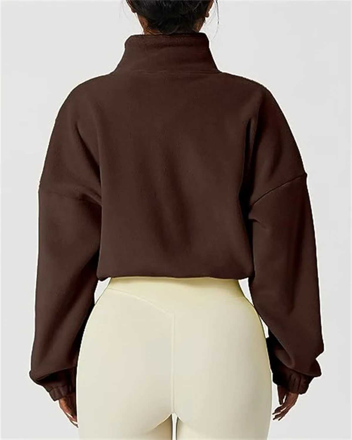 Full Zip Polar Fleece Crop Jacket for Women Warm Long Sleeve Stand Collar Sherpa Short Coat Pullover Sweatshirt Tops