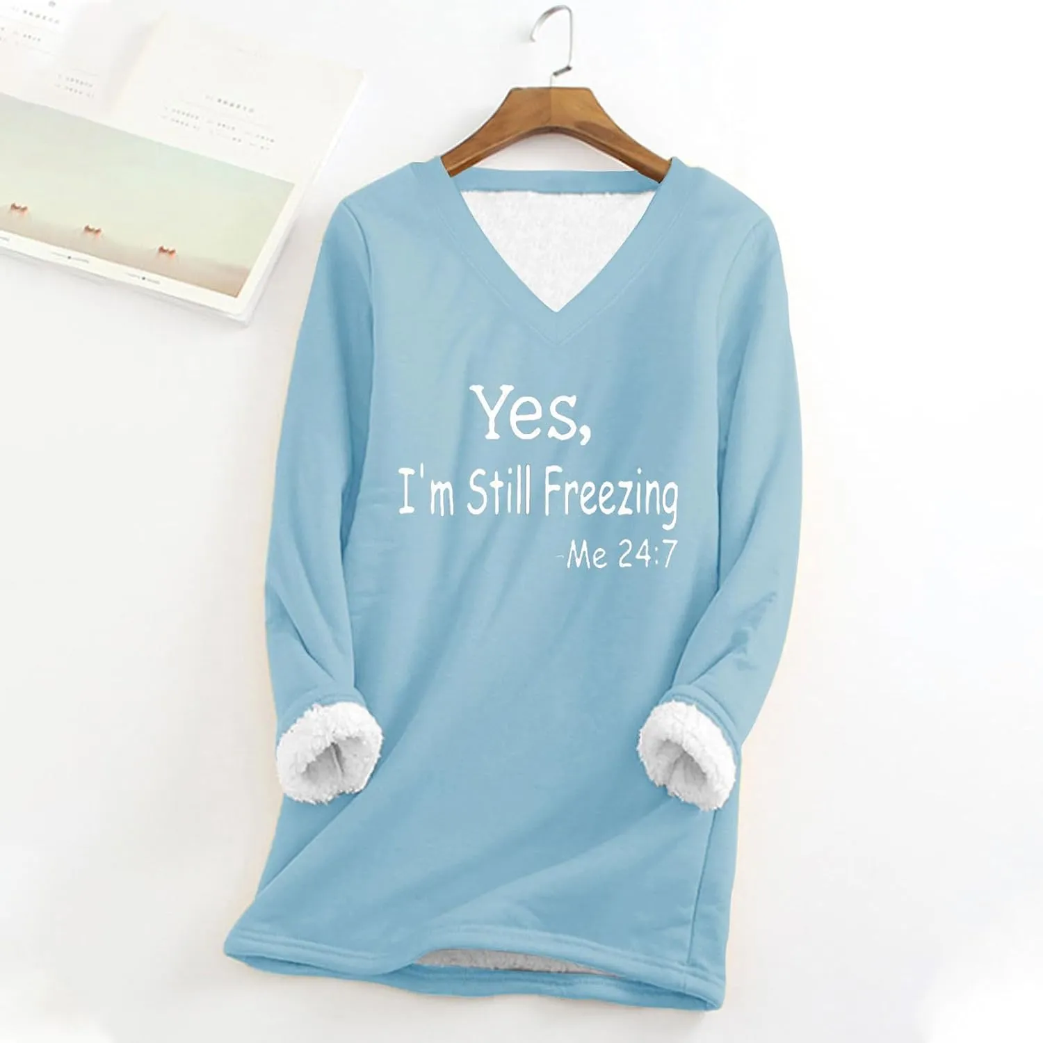 Fuzzy Fleece Lined Sweatshirts for Women 2023 Cozy Winter Pullover Sweater Tops v Neck Plus Size Loose Long Loungewear