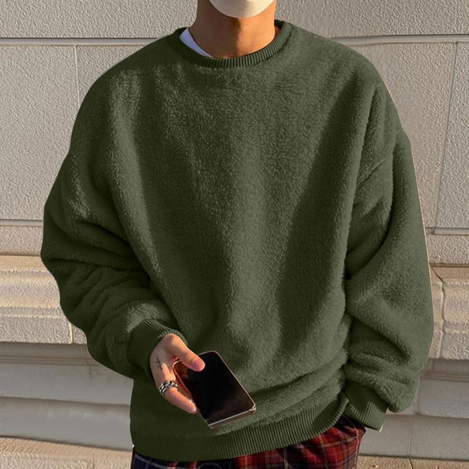 Fuzzy Sherpa Sweatshirt Mens Winter Fleece Pullover Crewneck Sweatshirts Loose Fit Solid Color Plus Size Tops