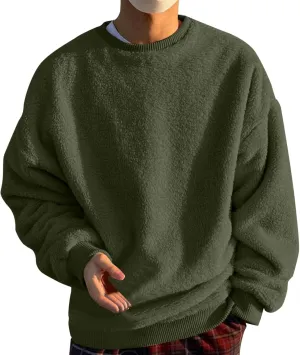 Fuzzy Sherpa Sweatshirt Mens Winter Fleece Pullover Crewneck Sweatshirts Loose Fit Solid Color Plus Size Tops