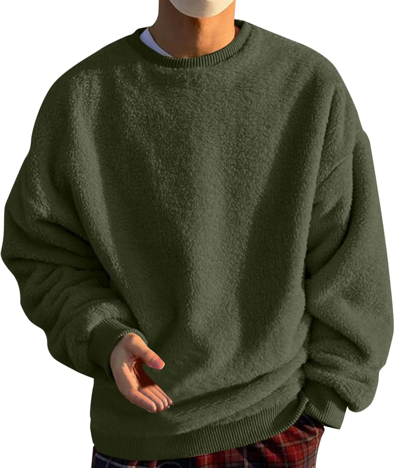 Fuzzy Sherpa Sweatshirt Mens Winter Fleece Pullover Crewneck Sweatshirts Loose Fit Solid Color Plus Size Tops