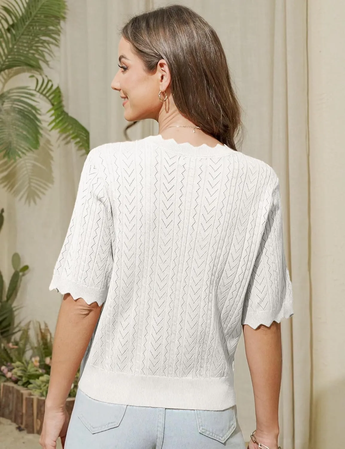 Genhoo Short Sleeve Cardigans for Women Hollow Out Knit Cropped Cardigan Sweater Button Down Lightweight Bolero Shrugs