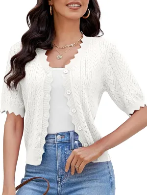 Genhoo Short Sleeve Cardigans for Women Hollow Out Knit Cropped Cardigan Sweater Button Down Lightweight Bolero Shrugs