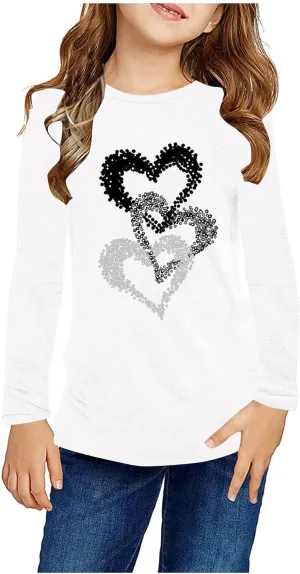 Girls Heart Graphic Sweatshirt Long Sleeve Lightweight Crewneck Relaxed Soft Casual Pullover Fall Winter School Outfit