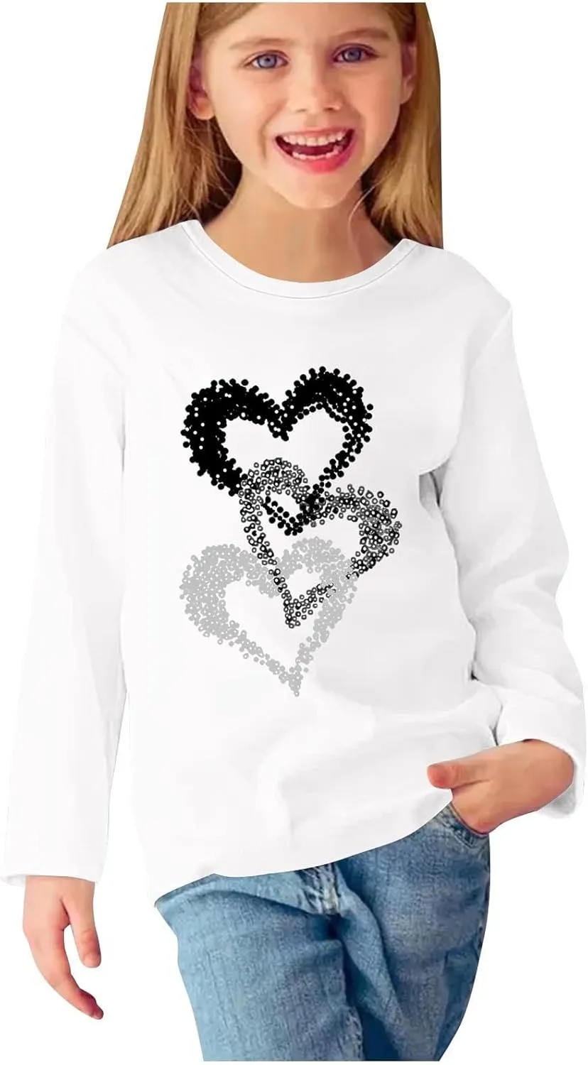 Girls Heart Graphic Sweatshirt Long Sleeve Lightweight Crewneck Relaxed Soft Casual Pullover Fall Winter School Outfit