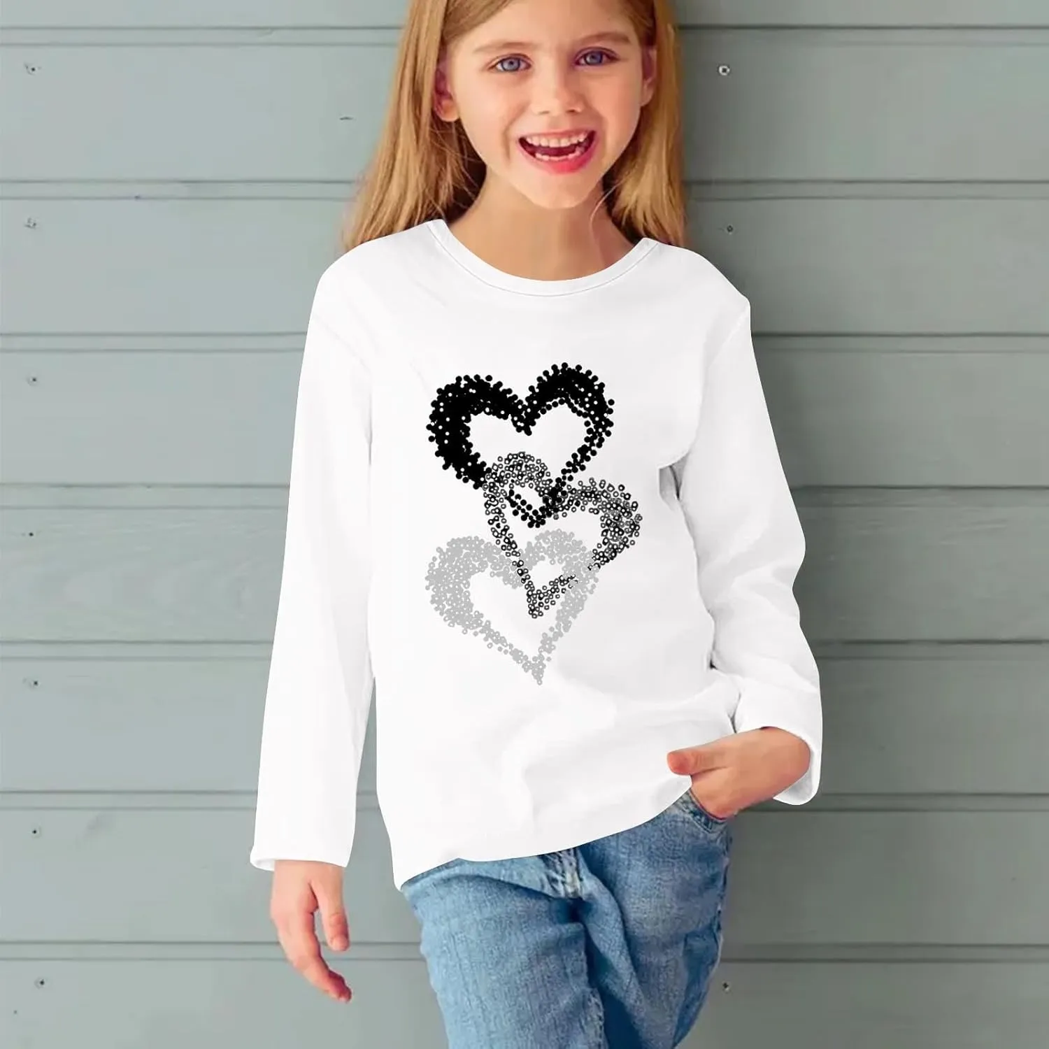 Girls Heart Graphic Sweatshirt Long Sleeve Lightweight Crewneck Relaxed Soft Casual Pullover Fall Winter School Outfit