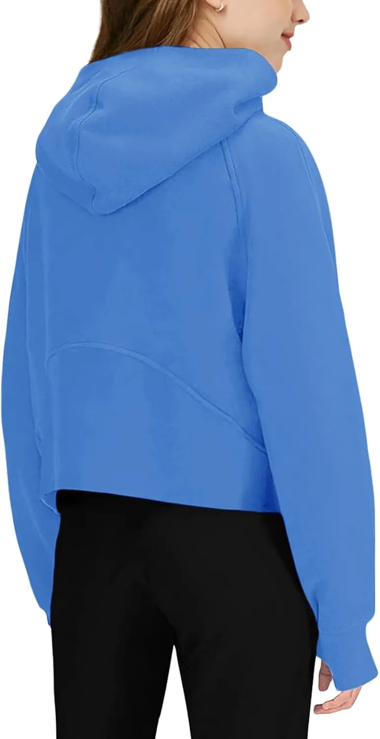 Girls' Hoodies Sweatshirts Half Zipper Pullover Crop Tops for Teen Girls Long Sleeve Sweater Thumb Hole