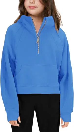 Girls' Hoodies Sweatshirts Half Zipper Pullover Crop Tops for Teen Girls Long Sleeve Sweater Thumb Hole