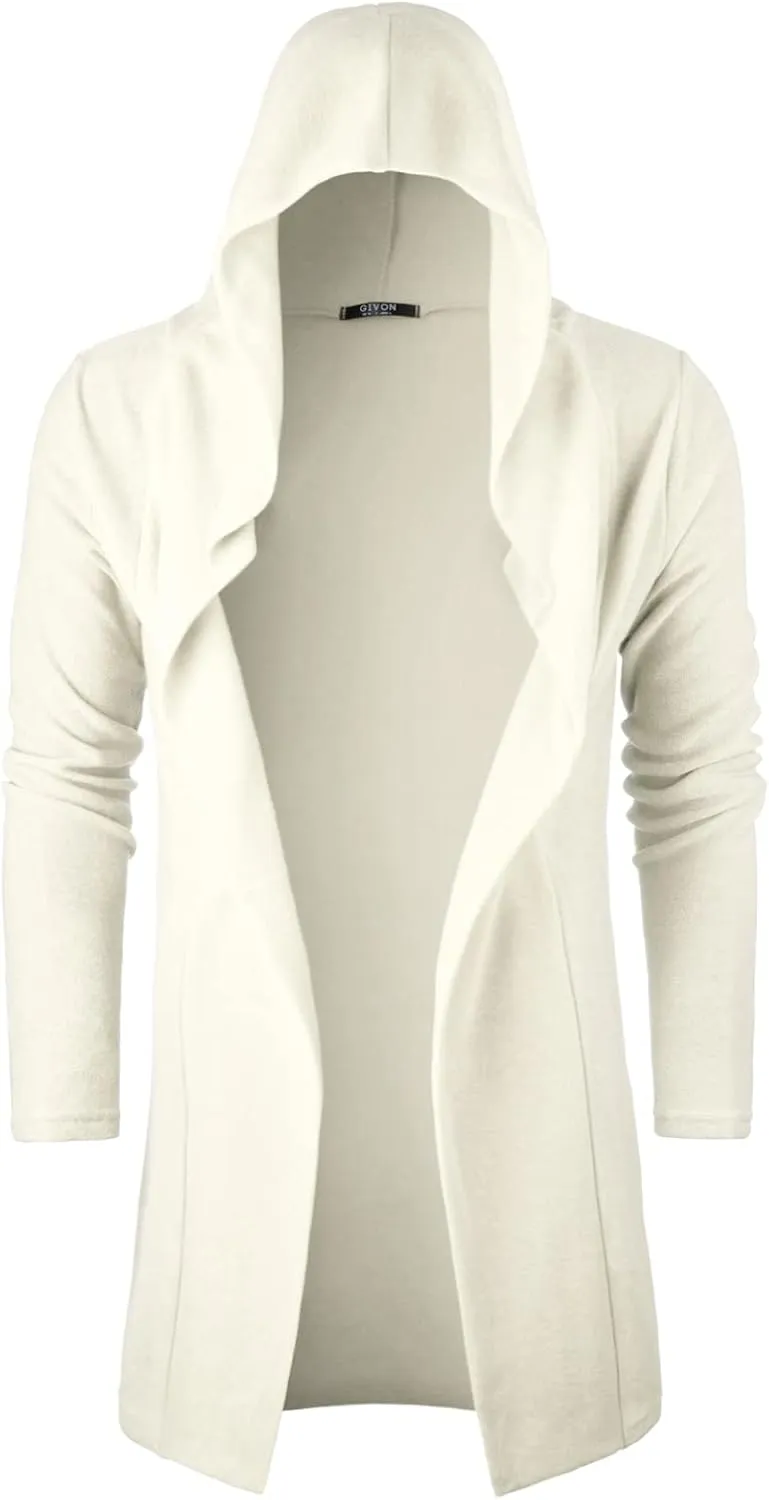 GIVON Longline Hooded Cardigan Ruffle Shawl Collar Open Front Drape Cape Overcoat with Fleece Fabric