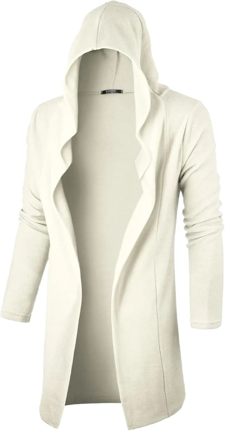 GIVON Longline Hooded Cardigan Ruffle Shawl Collar Open Front Drape Cape Overcoat with Fleece Fabric
