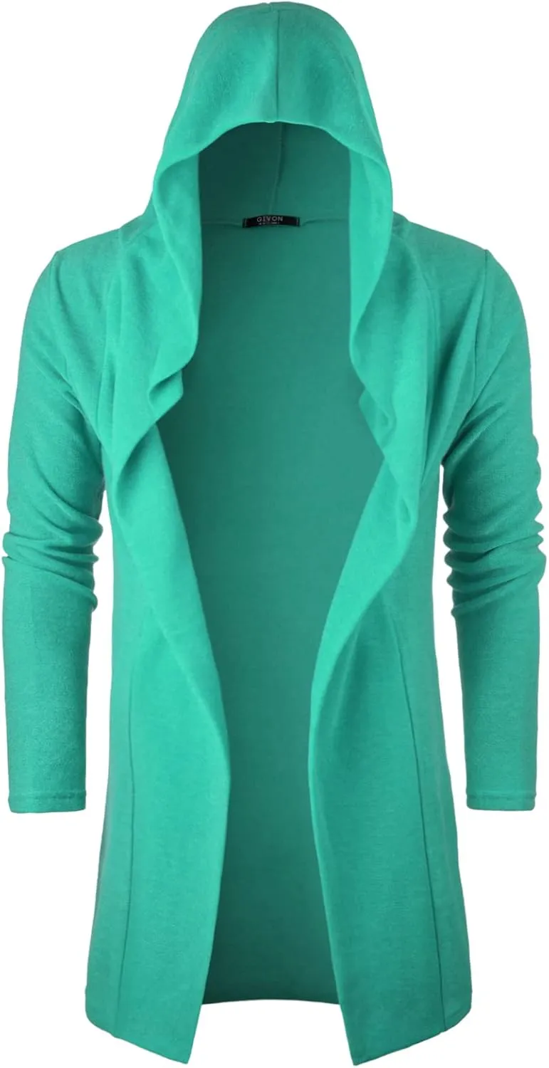 GIVON Longline Hooded Cardigan Ruffle Shawl Collar Open Front Drape Cape Overcoat with Fleece Fabric