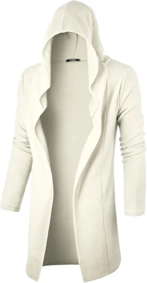 GIVON Longline Hooded Cardigan Ruffle Shawl Collar Open Front Drape Cape Overcoat with Fleece Fabric
