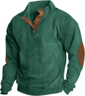 GOFULY Corduroy Sweatshirts For Men No Hood Mock Neck Butto Henley Shirt Long Sleeve Pullovers Fashion Stand Collar Sweater