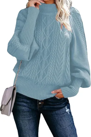 GORIFE Womens Cable Knit Sweater Chunky Turtleneck Pullover Solid Color Puff Sleeve Sweater Top