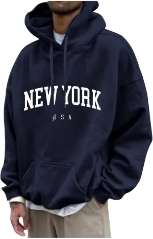 Graphic Hoodies for Men Letter Print Hoodies New York Country Sweatshirt Solid Long Sleeve Y2K Hoodie