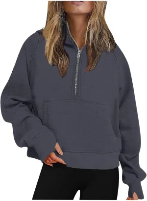 Half Zip Cropped Hoodies for Women Fleece Quarter Zip Up Pullover Oversized Sweatshirts 2024 Fall Clothes with Pocket