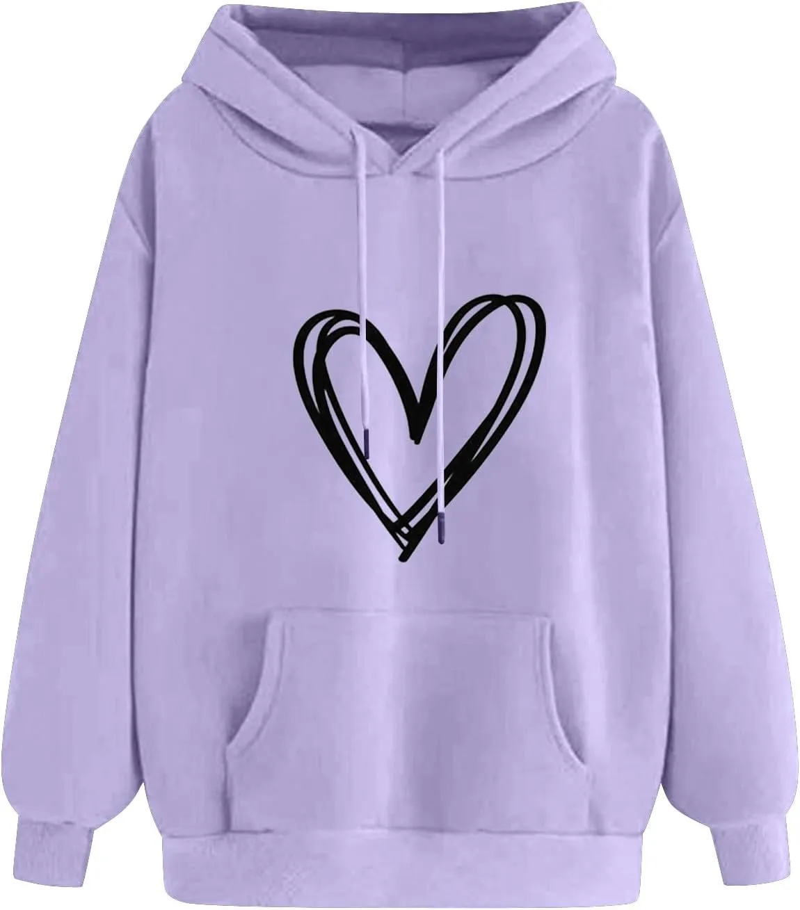 Heart Graphic Hoodie Women Casual Pullover Sweatshirt Drawstring Pocket Relaxed Long Sleeve Soft Streetwear
