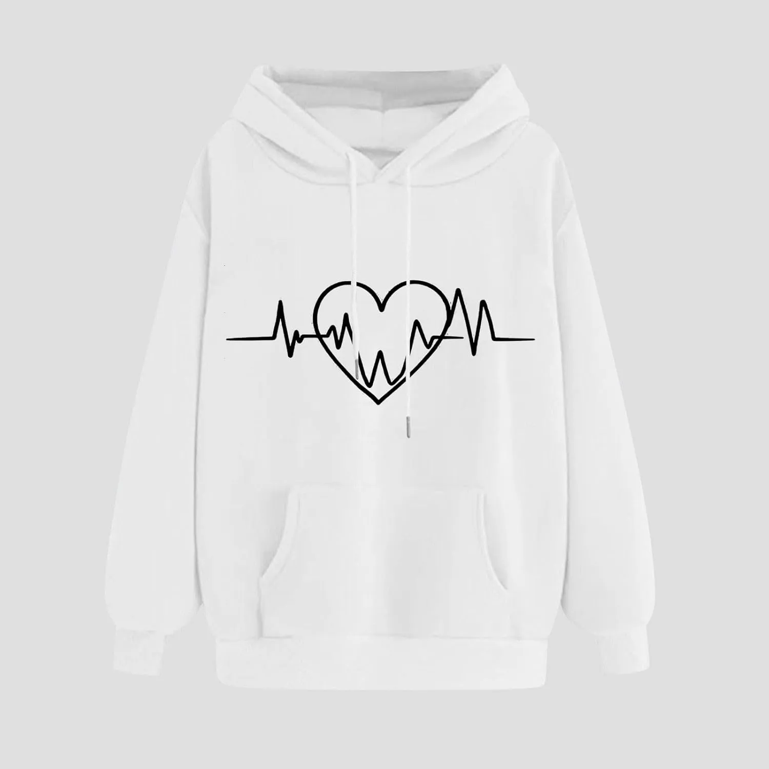 Heartbeat Graphic Hoodie Women Casual Pullover Sweatshirt Drawstring Pocket Long Sleeve Relaxed Streetwear