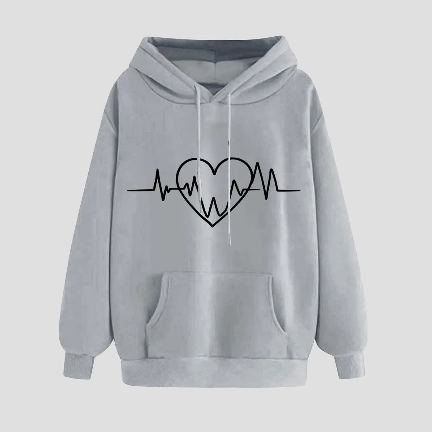 Heartbeat Graphic Hoodie Women Casual Pullover Sweatshirt Drawstring Pocket Long Sleeve Relaxed Streetwear