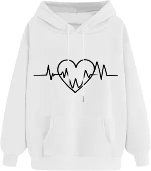 Heartbeat Graphic Hoodie Women Casual Pullover Sweatshirt Drawstring Pocket Long Sleeve Relaxed Streetwear