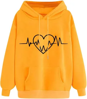Heartbeat Graphic Hoodie Women Casual Pullover Sweatshirt Drawstring Pocket Long Sleeve Relaxed Streetwear