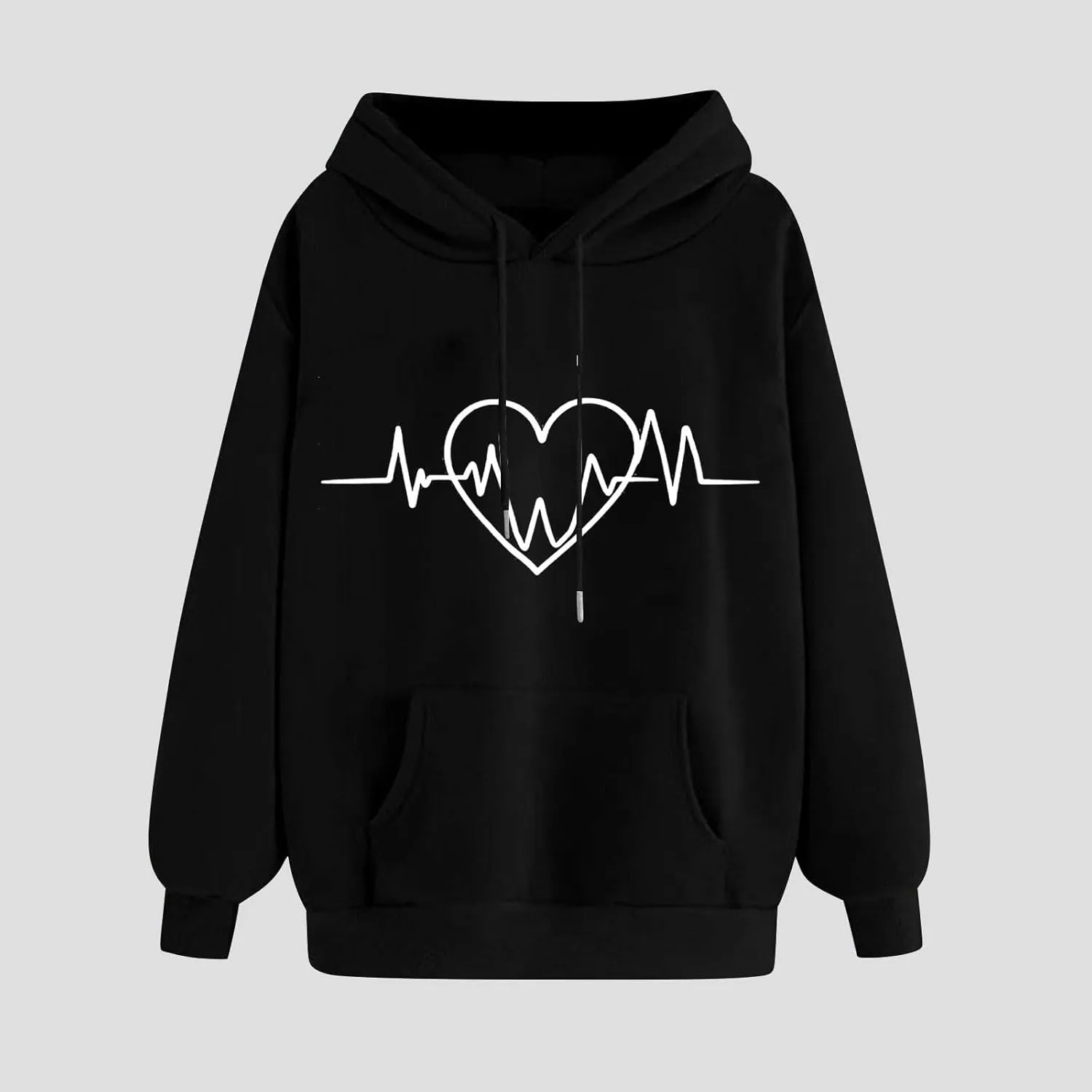 Heartbeat Graphic Hoodie Women Casual Pullover Sweatshirt Drawstring Pocket Long Sleeve Relaxed Streetwear