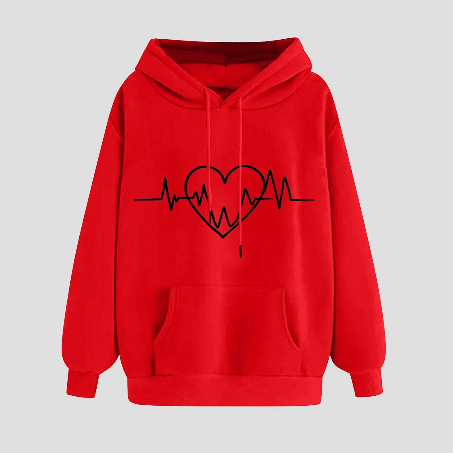 Heartbeat Graphic Hoodie Women Casual Pullover Sweatshirt Drawstring Pocket Long Sleeve Relaxed Streetwear