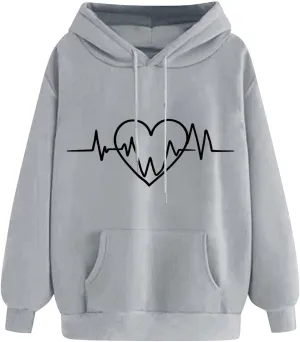 Heartbeat Graphic Hoodie Women Casual Pullover Sweatshirt Drawstring Pocket Long Sleeve Relaxed Streetwear