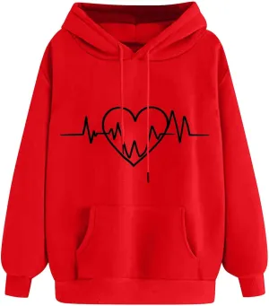 Heartbeat Graphic Hoodie Women Casual Pullover Sweatshirt Drawstring Pocket Long Sleeve Relaxed Streetwear
