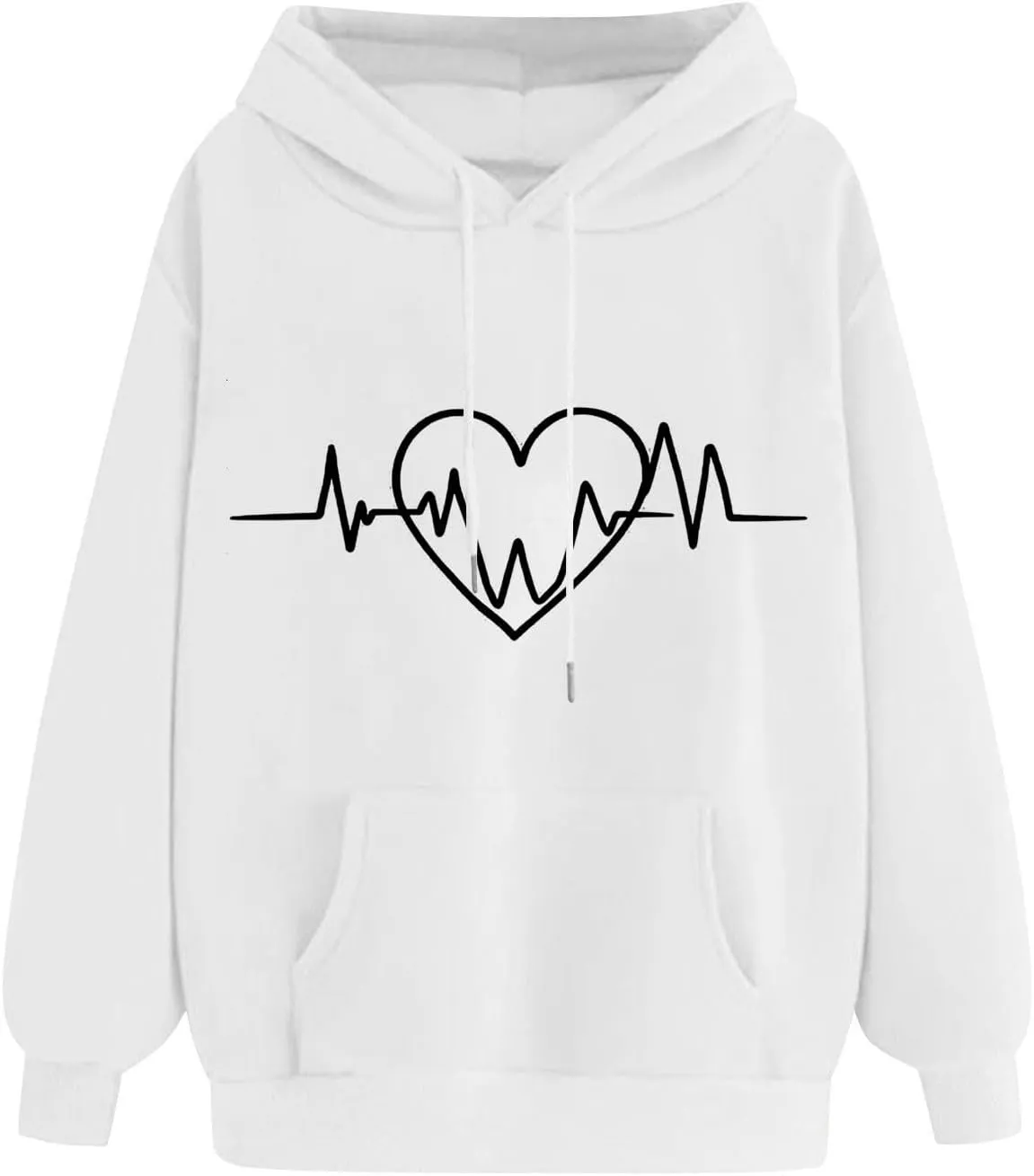Heartbeat Graphic Hoodie Women Casual Pullover Sweatshirt Drawstring Pocket Long Sleeve Relaxed Streetwear