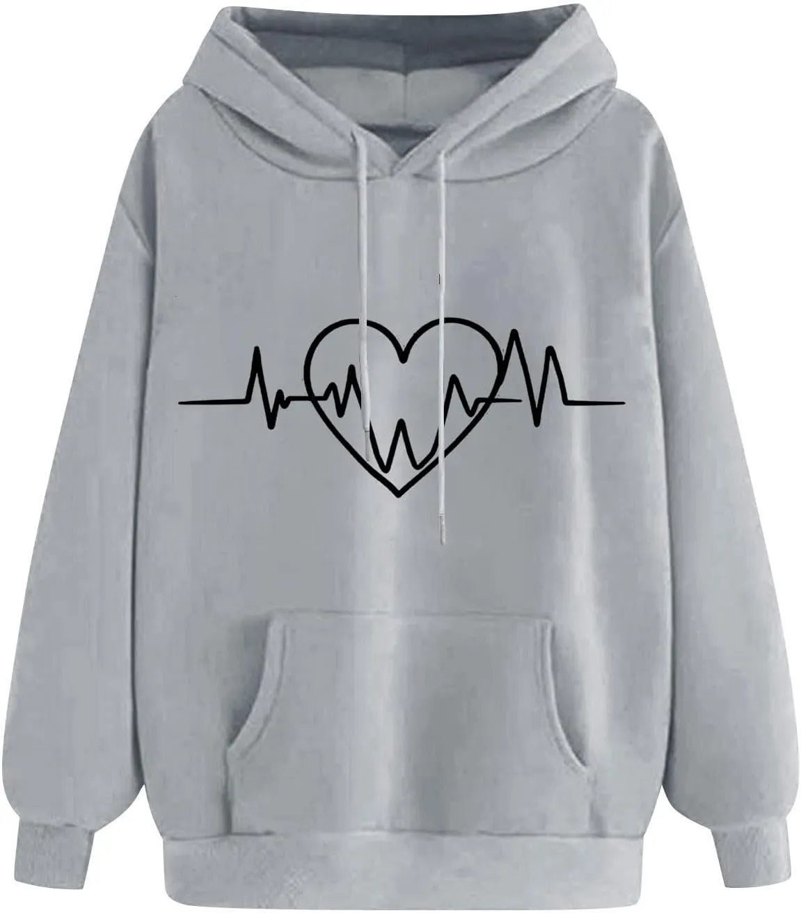 Heartbeat Graphic Hoodie Women Casual Pullover Sweatshirt Drawstring Pocket Long Sleeve Relaxed Streetwear