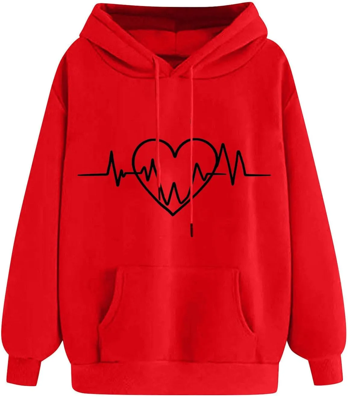 Heartbeat Graphic Hoodie Women Casual Pullover Sweatshirt Drawstring Pocket Long Sleeve Relaxed Streetwear