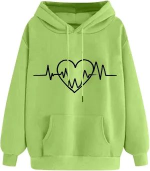 Heartbeat Graphic Hoodie Women Casual Pullover Sweatshirt Drawstring Pocket Long Sleeve Relaxed Streetwear