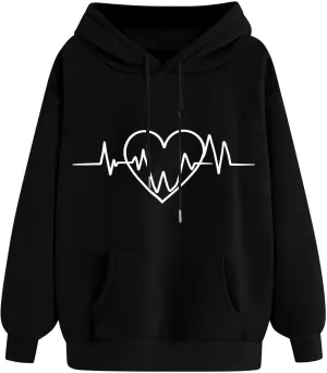 Heartbeat Graphic Hoodie Women Casual Pullover Sweatshirt Drawstring Pocket Long Sleeve Relaxed Streetwear