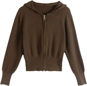 HGps8w Women's Crop Full Zip Knit Hooded Cardigans Open Front Long Sleeve Fall Winter Sweater Coat Outerwear