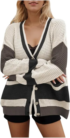 HGps8w Women's Oversized Colorblock Cardigans Long Sleeve Open Front Button Down Sweaters Chunky Knitted Outerwear