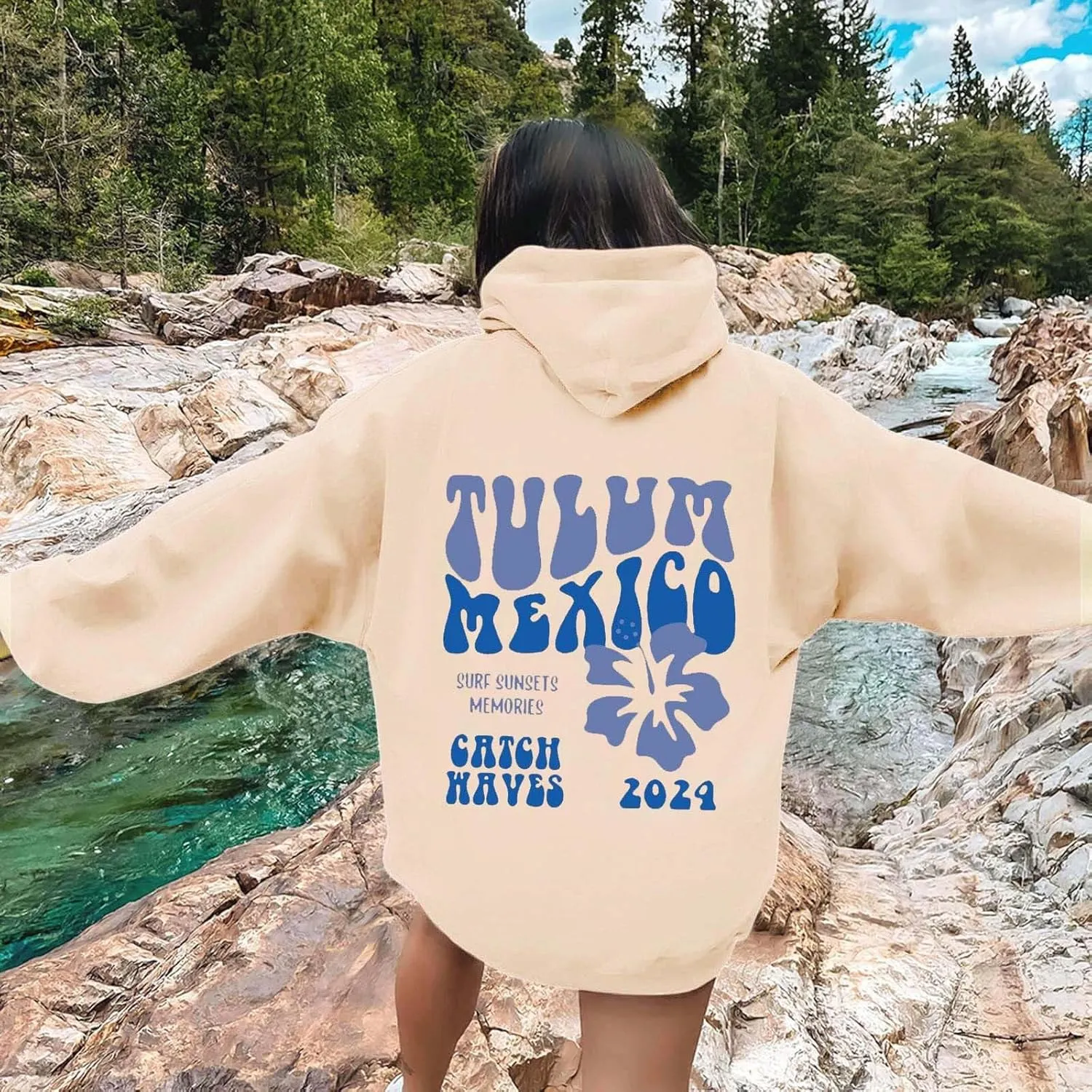Hoodie Women Casual Letter Floral Print Hooded Sweatshirt With Drawstring Hoodies For Teen Girls Oversized Hoodies