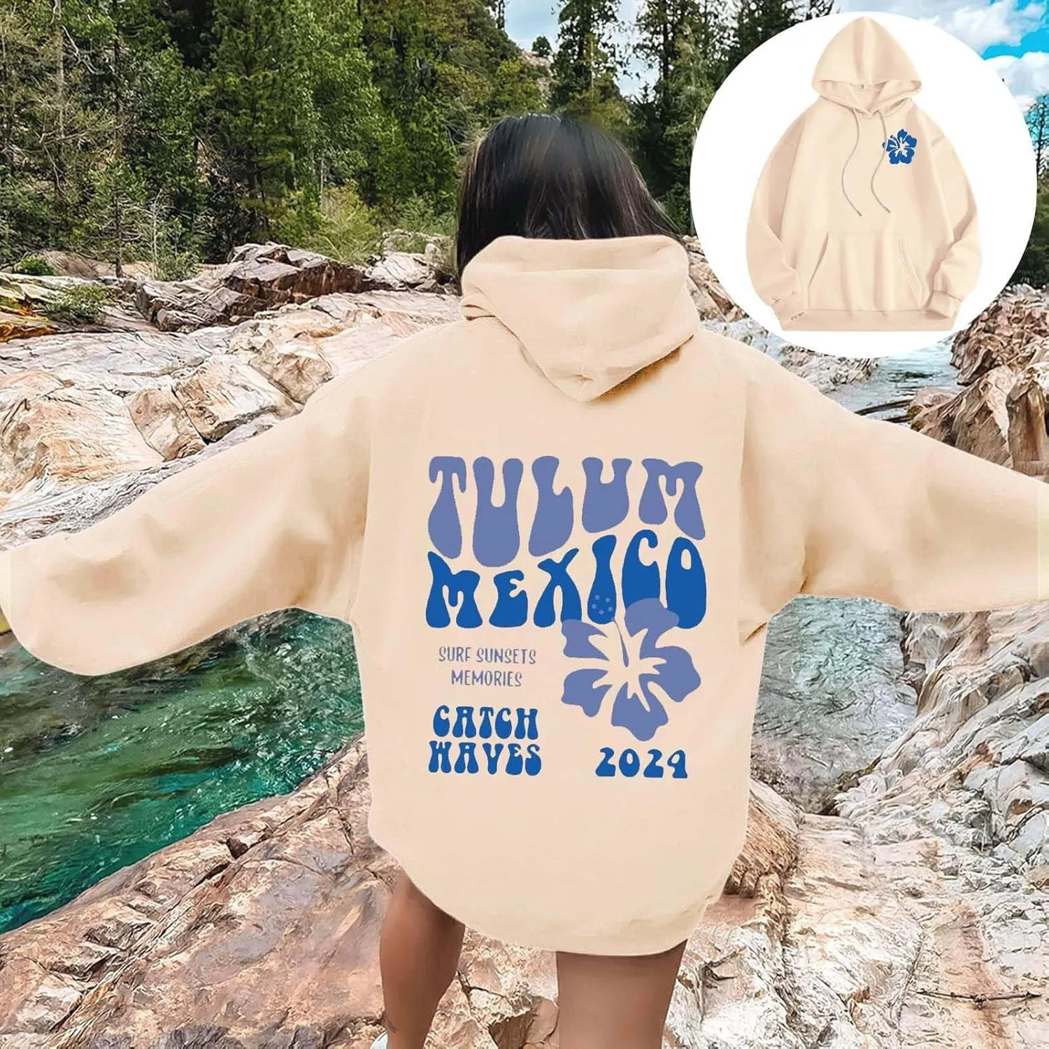 Hoodie Women Casual Letter Floral Print Hooded Sweatshirt With Drawstring Hoodies For Teen Girls Oversized Hoodies